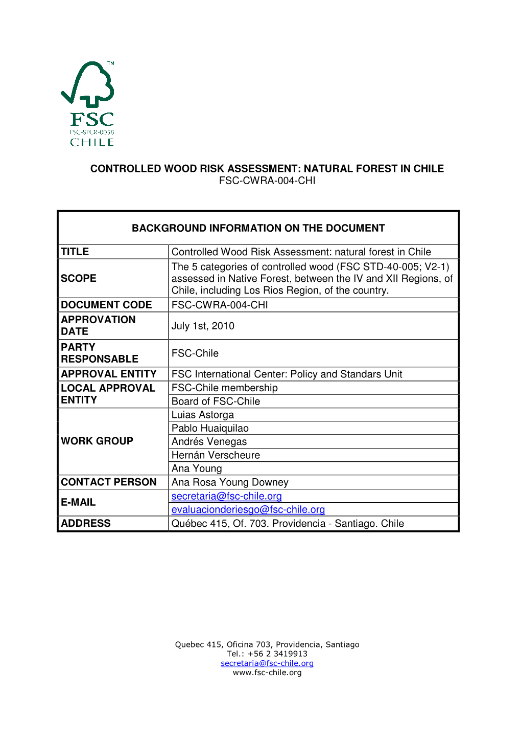 Controlled Wood Risk Assessment: Natural Forest in Chile Fsc-Cwra-004-Chi