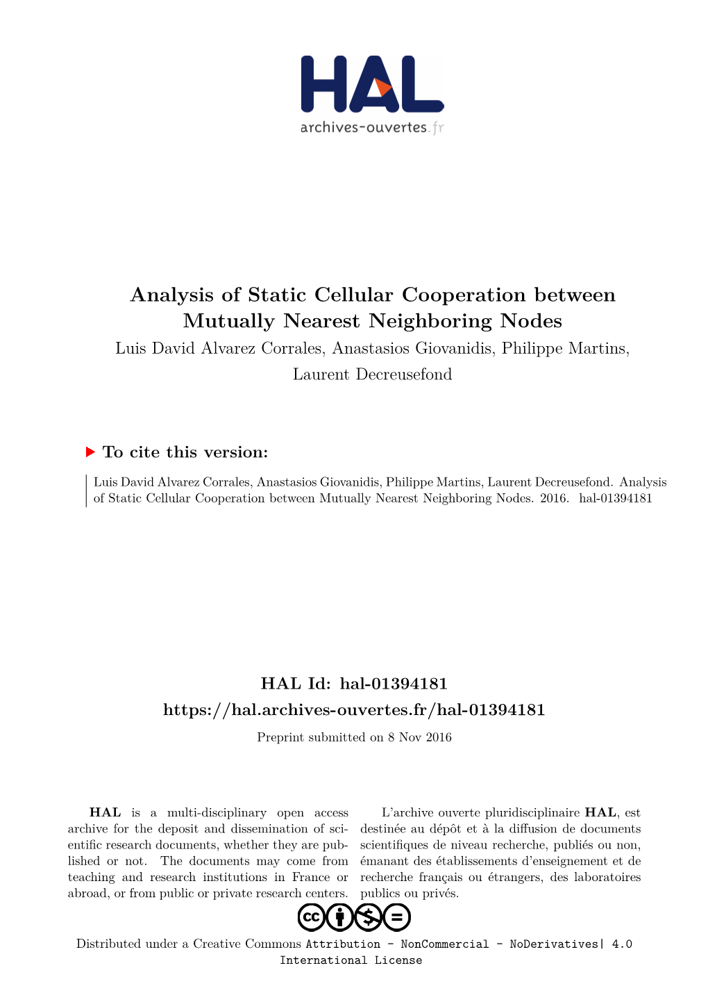 Analysis of Static Cellular Cooperation Between Mutually Nearest