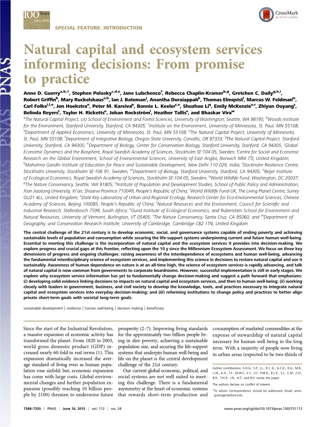 Natural Capital and Ecosystem Services Informing Decisions: from Promise to Practice Anne D