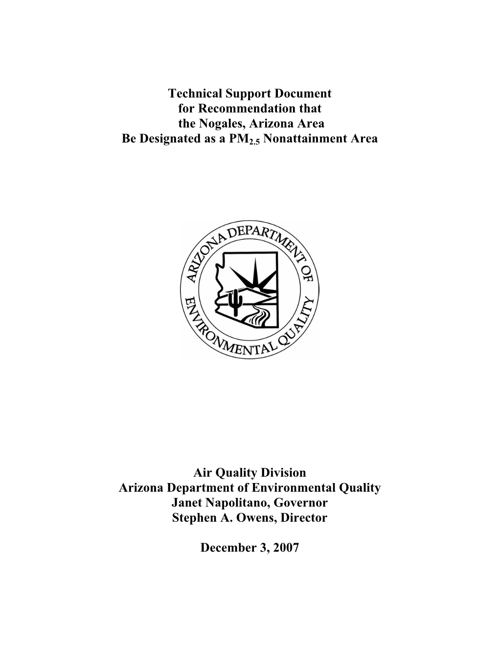 Technical Support Document for Recommendation That the Nogales, Arizona Area Be Designated As a PM2.5 Nonattainment Area