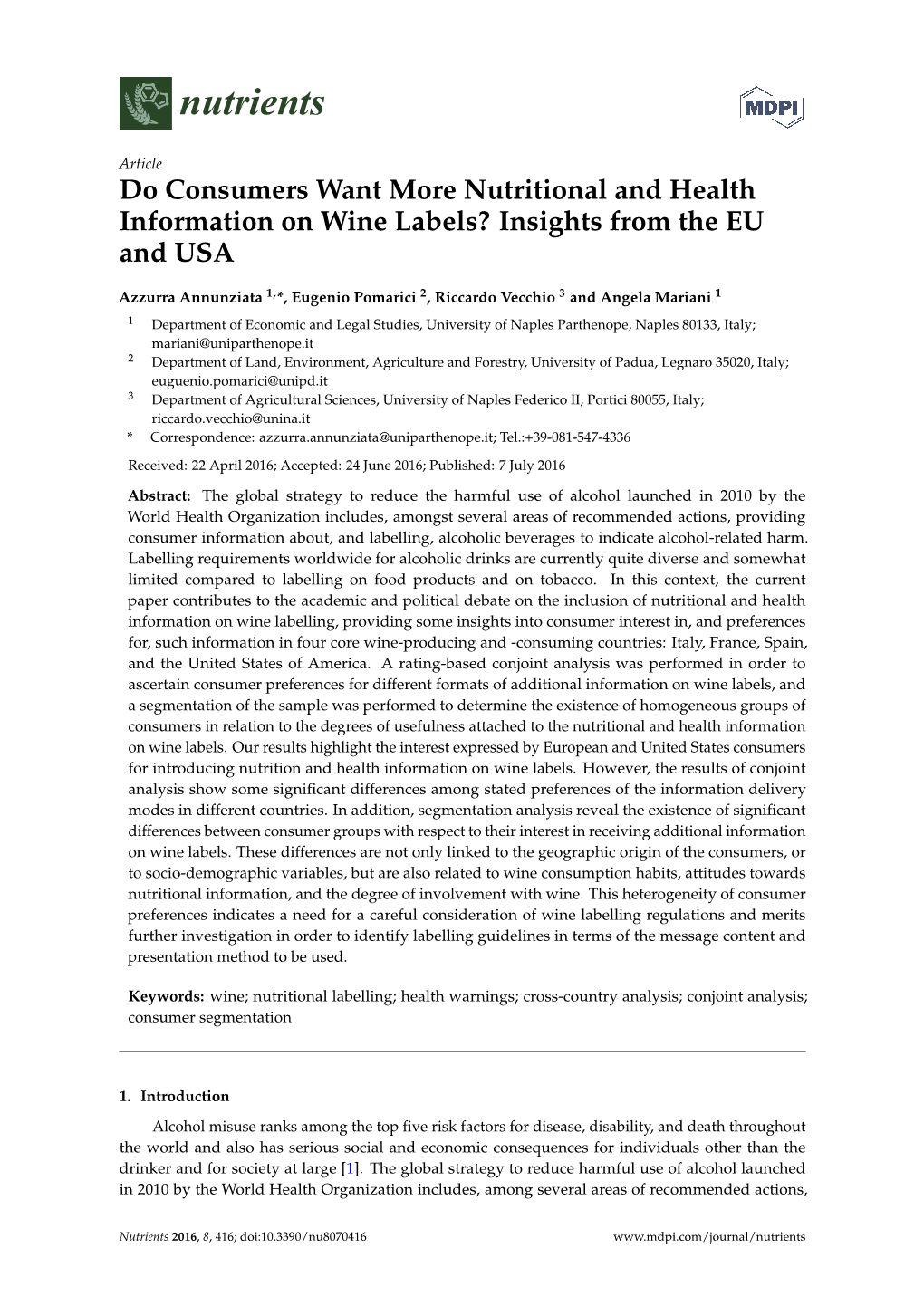 Do Consumers Want More Nutritional and Health Information on Wine Labels? Insights from the EU and USA