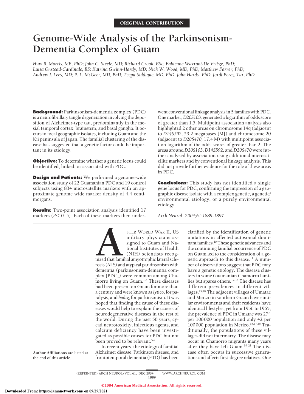 Genome-Wide Analysis of the Parkinsonism-Dementia Complex