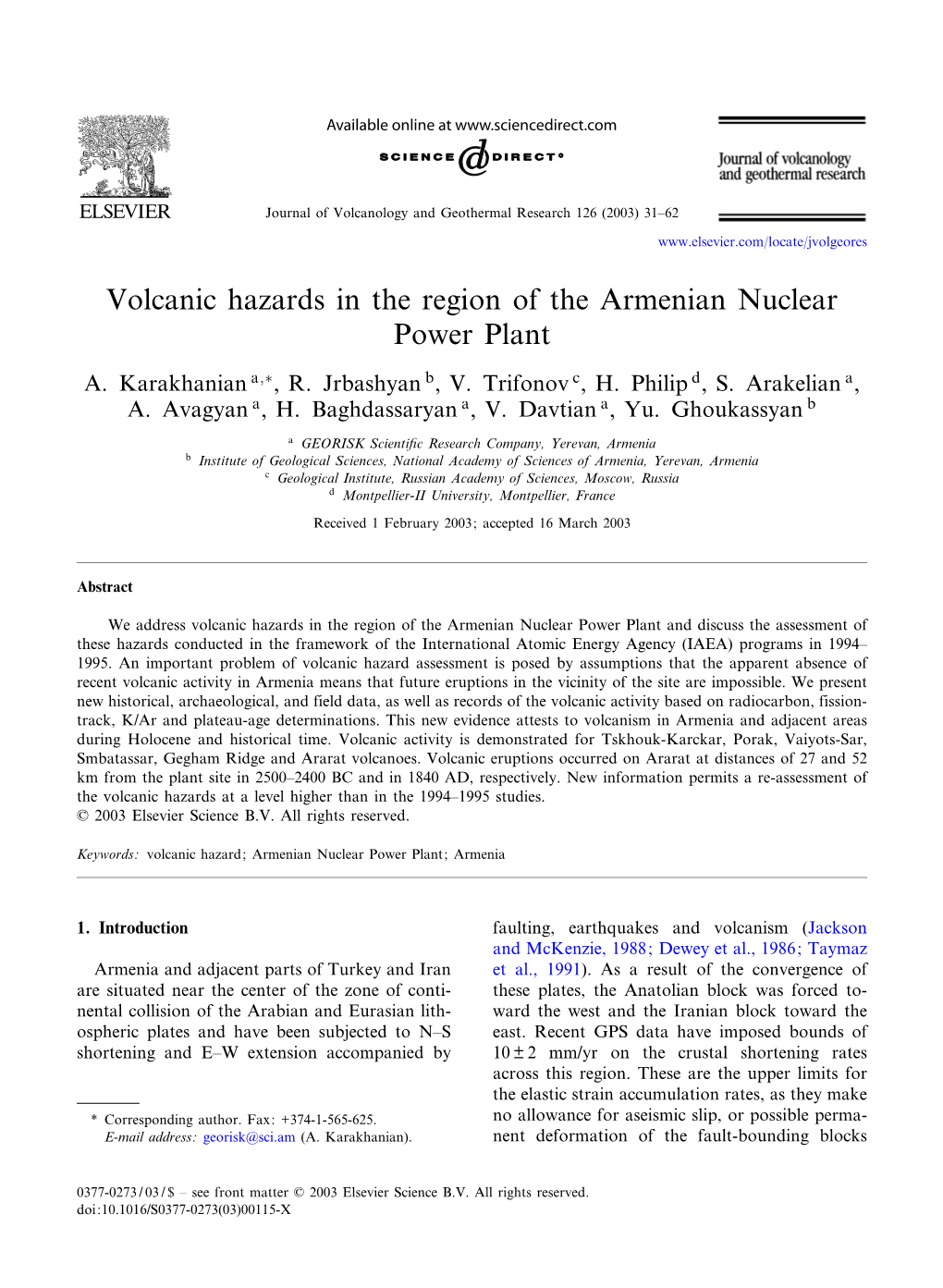 Volcanic Hazards in the Region of the Armenian Nuclear Power Plant