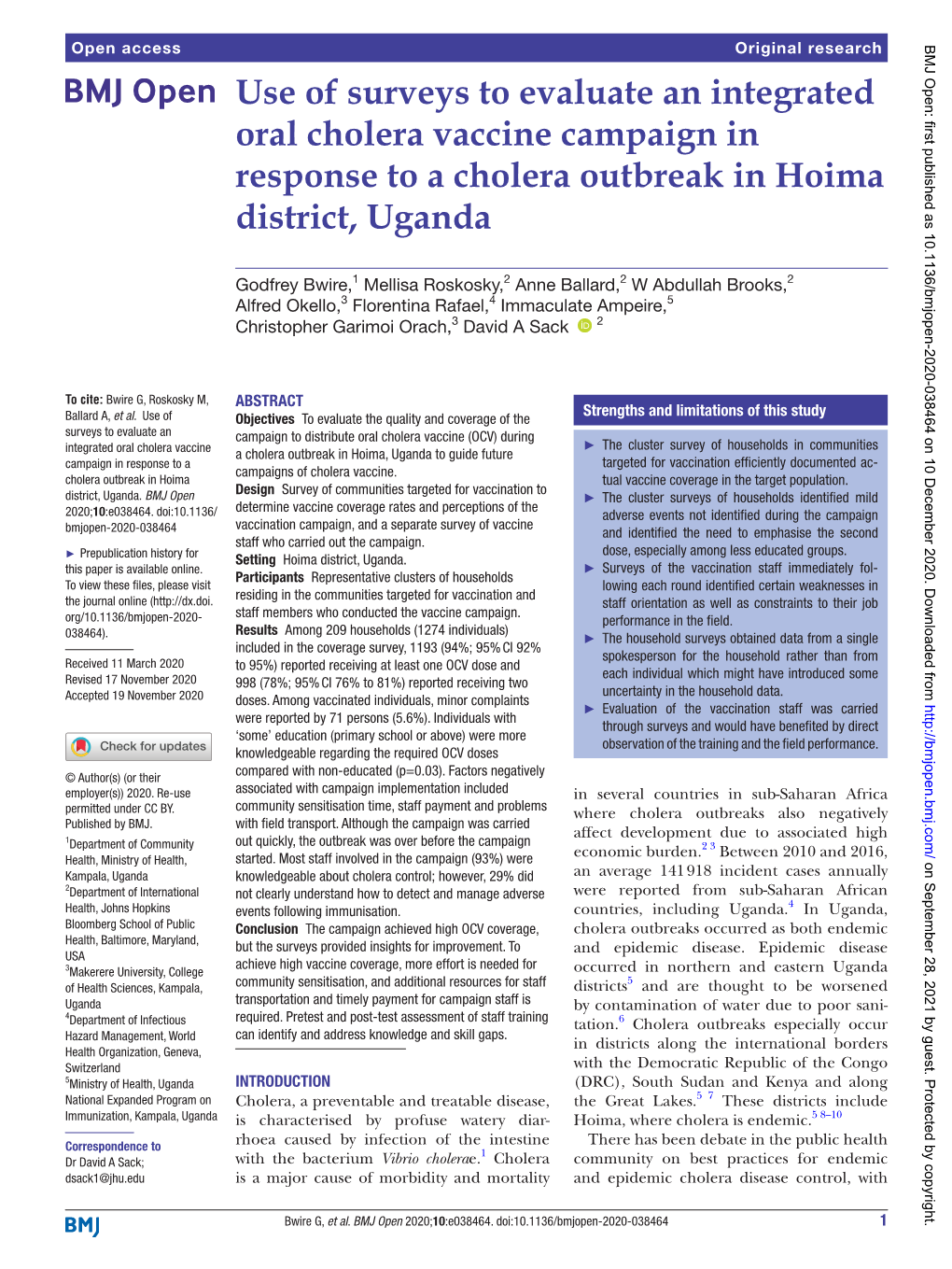 Use of Surveys to Evaluate an Integrated Oral Cholera Vaccine Campaign in Response to a Cholera Outbreak in Hoima District, Uganda