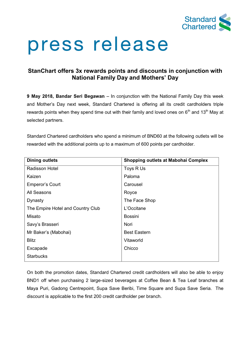 Stanchart Offers 3X Rewards Points and Discounts in Conjunction with National Family Day and Mothers’ Day