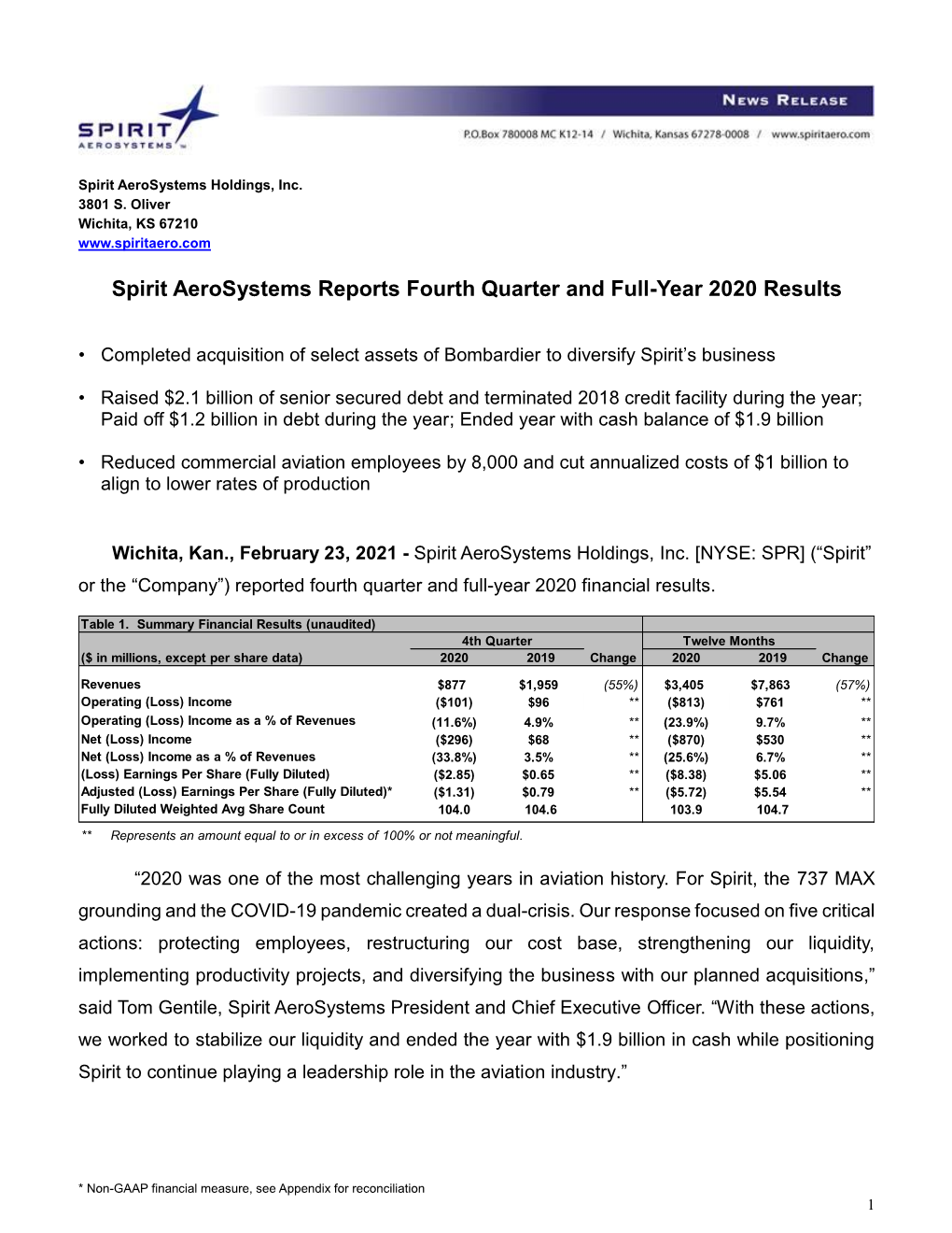 Spirit Aerosystems Reports Fourth Quarter and Full-Year 2020 Results