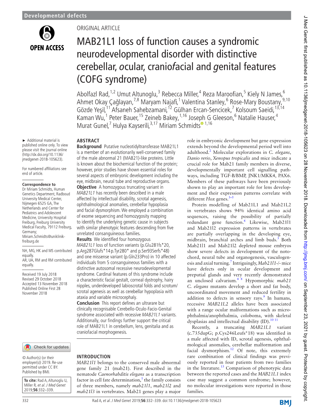 MAB21L1 Loss of Function Causes a Syndromic Neurodevelopmental Disorder with Distinctive Cerebellar, Ocular, Craniofacial and Ge