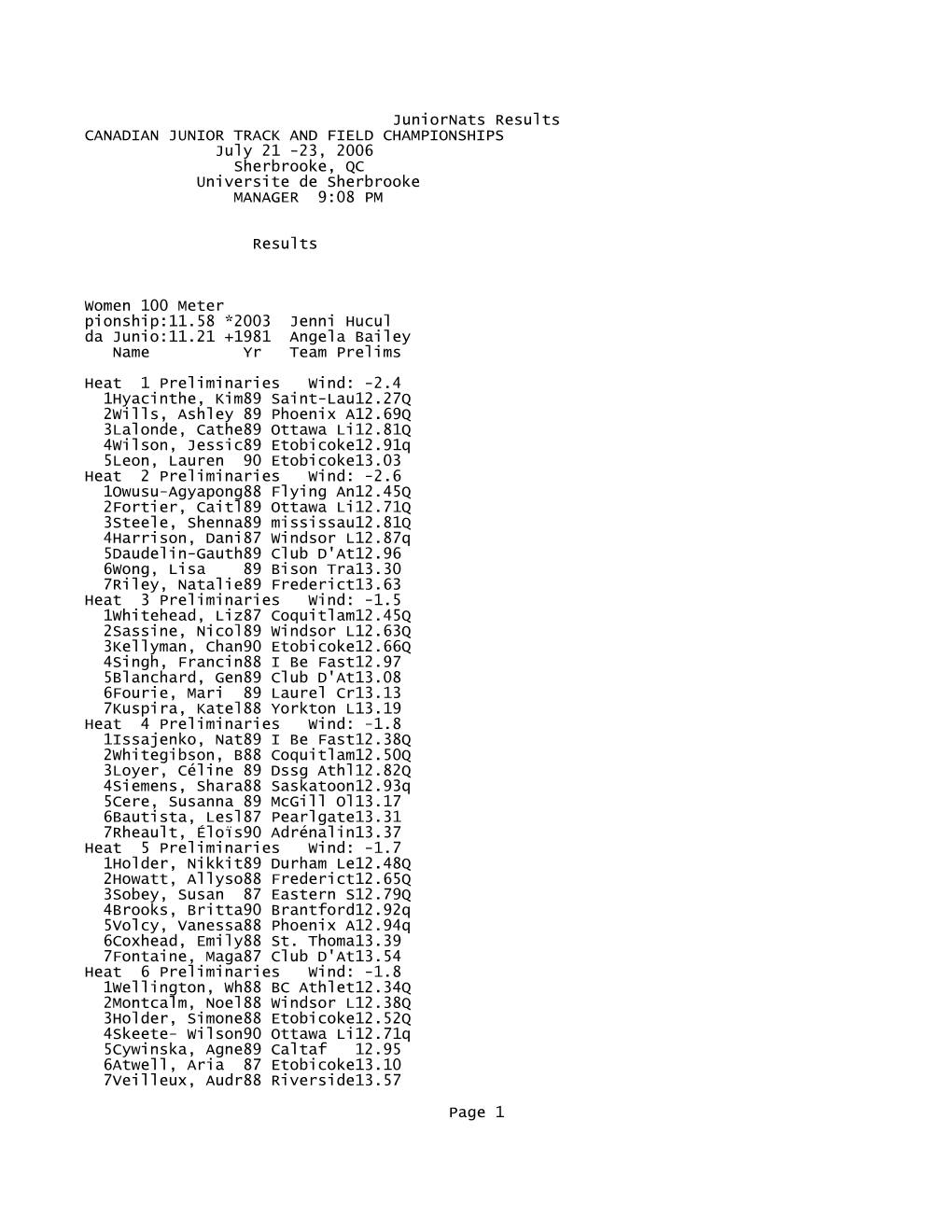 Juniornats Results CANADIAN JUNIOR TRACK and FIELD CHAMPIONSHIPS July 21 -23, 2006 Sherbrooke, QC Universite De Sherbrooke MANAGER 9:08 PM