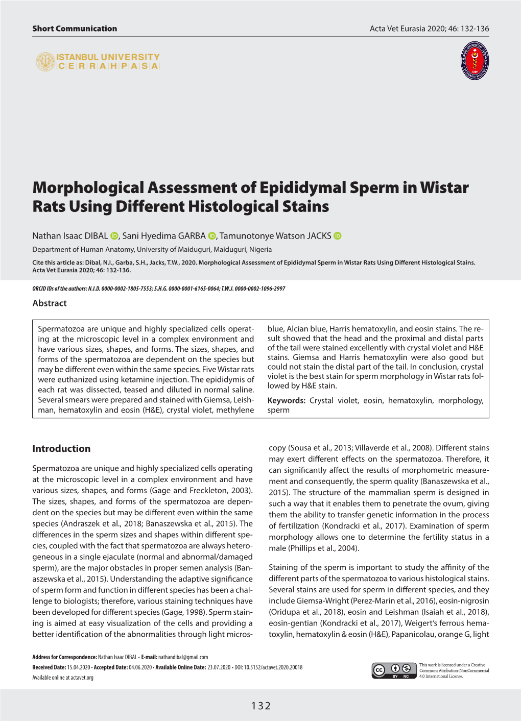 Morphological Assessment of Epididymal Sperm in Wistar Rats Using Different Histological Stains