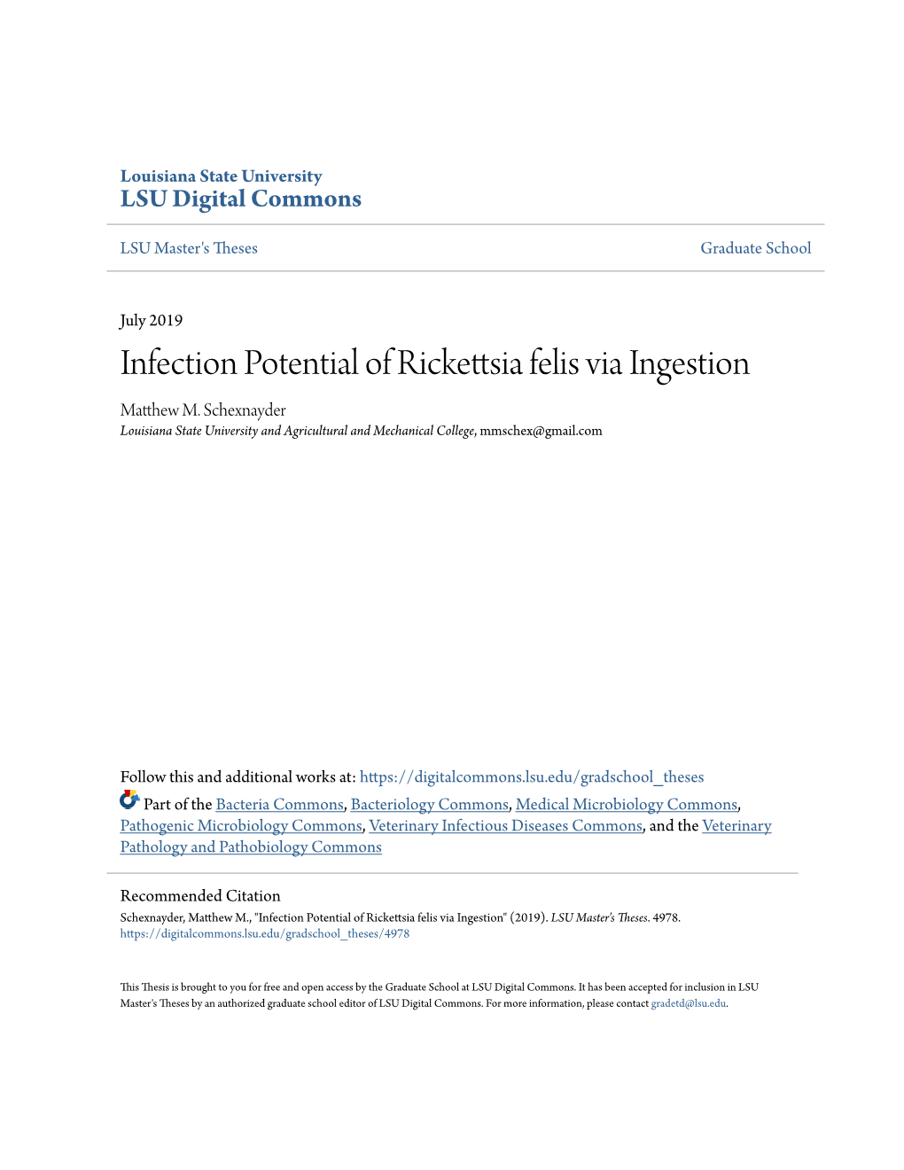 Infection Potential of Rickettsia Felis Via Ingestion Matthew M