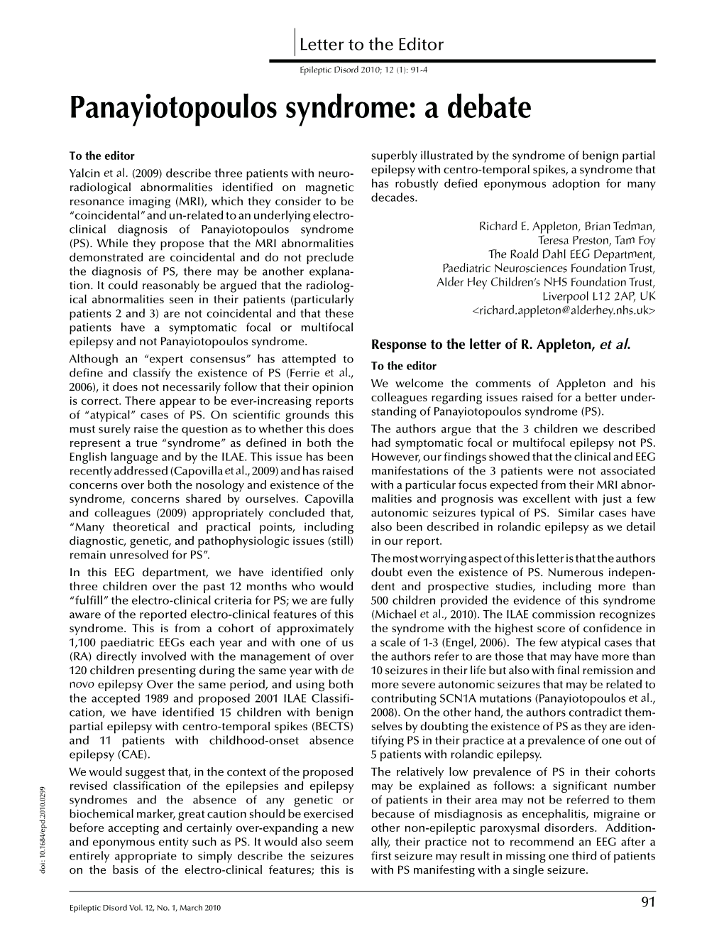 Panayiotopoulos Syndrome: a Debate