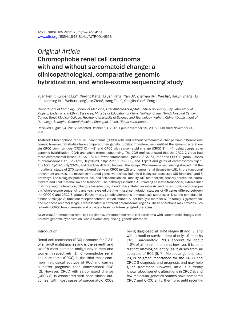 Chromophobe Renal Cell Carcinoma with and Without Sarcomatoid Change: a Clinicopathological, Comparative Genomic Hybridization, and Whole-Exome Sequencing Study