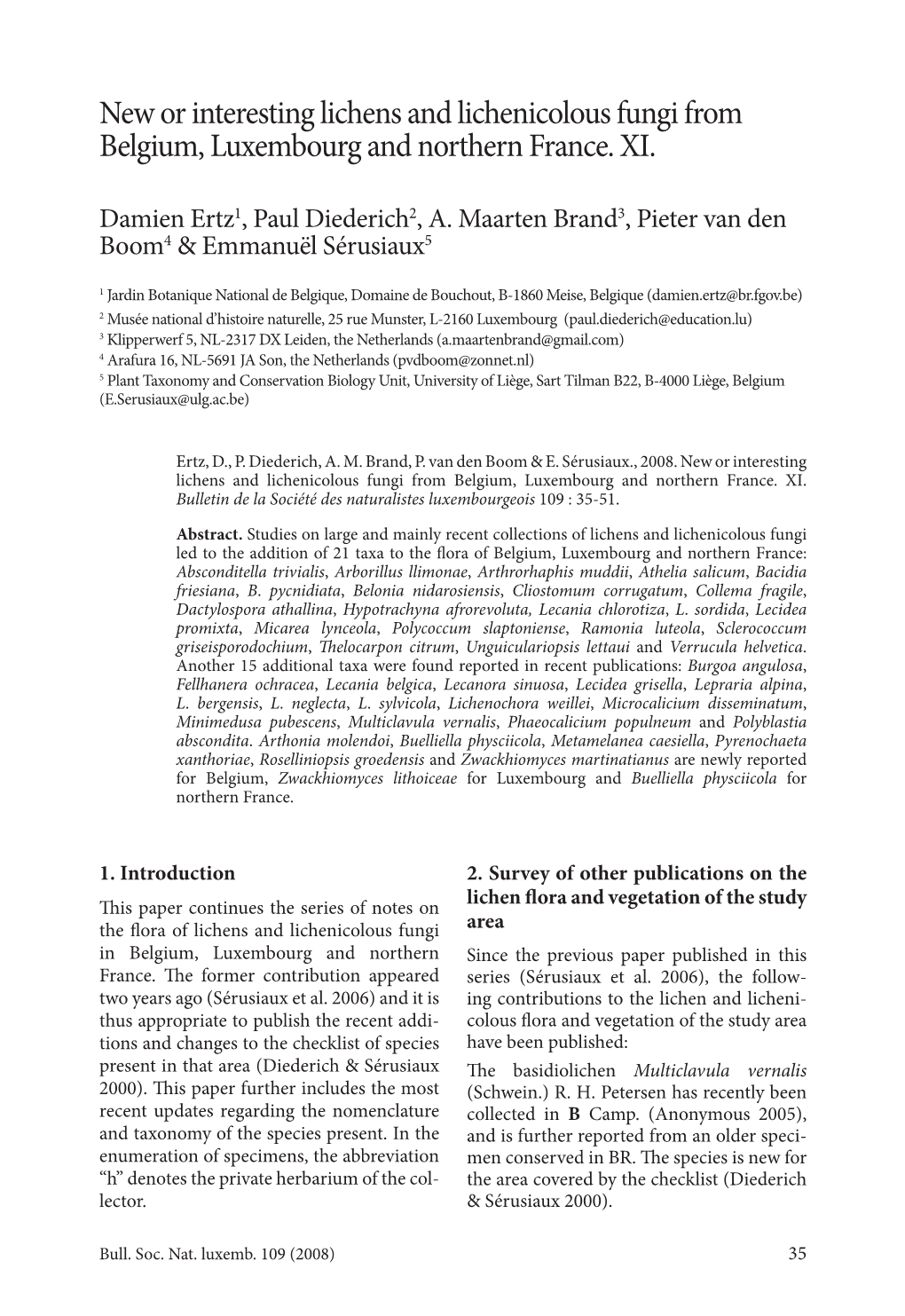 New Or Interesting Lichens and Lichenicolous Fungi from Belgium, Luxembourg and Northern France