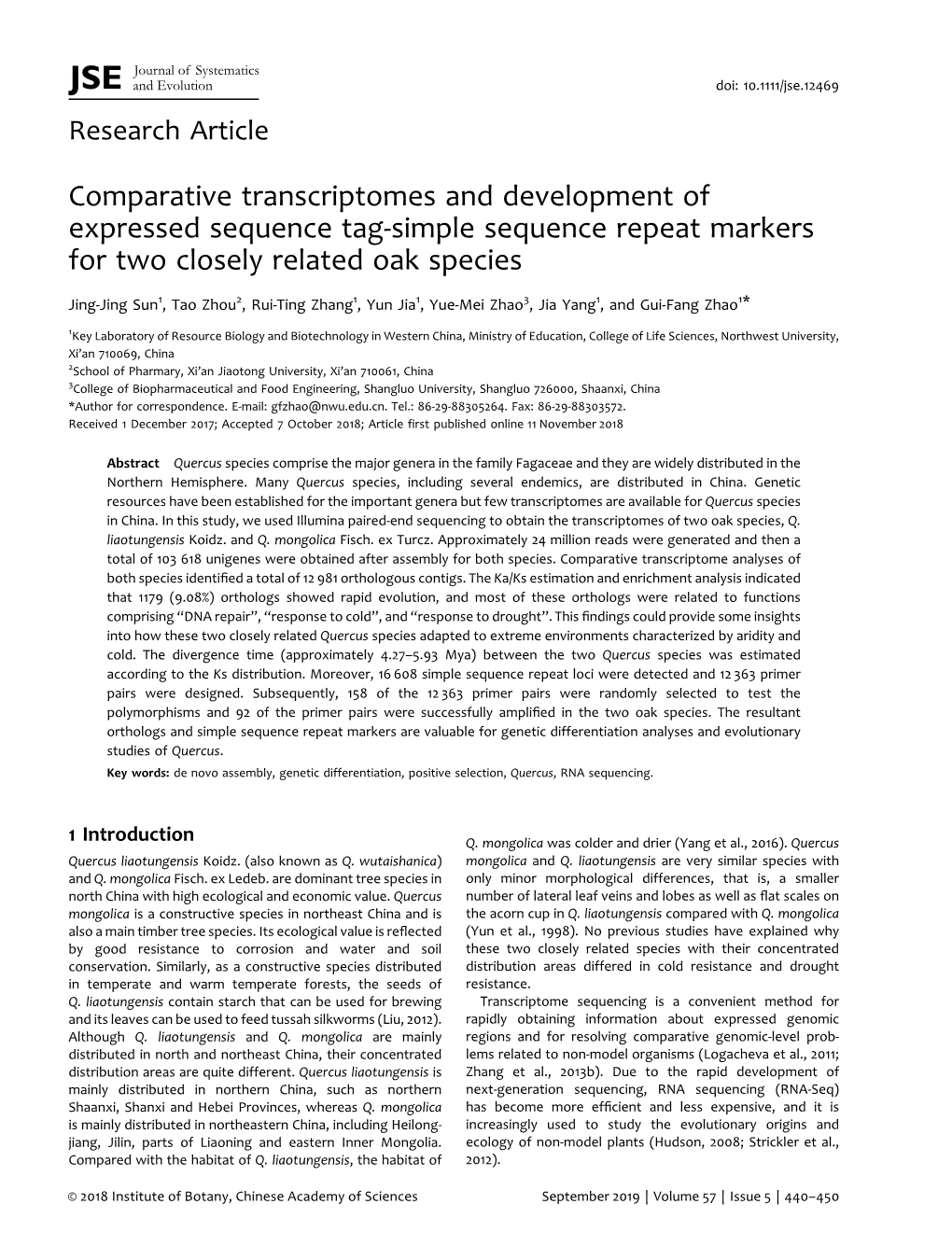 Comparative Transcriptomes and Development of Expressed Sequence Tag-Simple Sequence Repeat Markers for Two Closely Related Oak Species