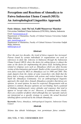 Perceptions and Reactions of Ahmadiyya to Fatwa Indonesian Ulama Council (MUI): an Antrophological Lingusitics Approach