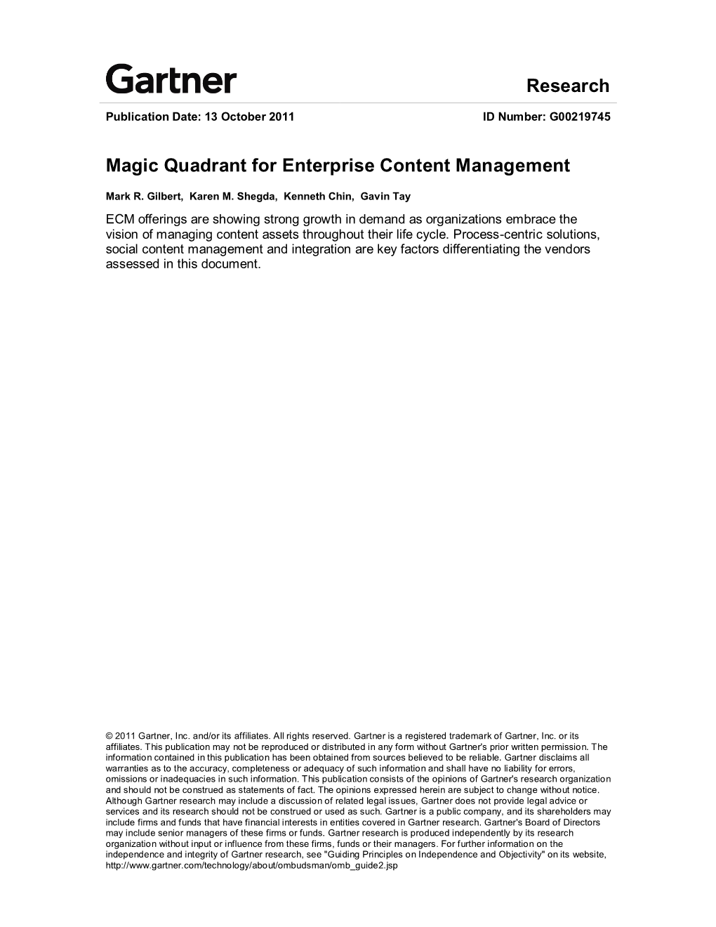 Research Magic Quadrant for Enterprise Content Management