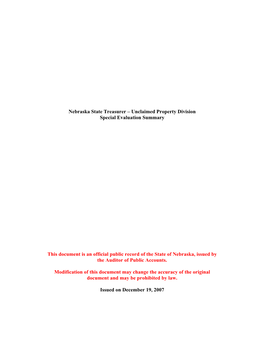 Unclaimed Property Division Special Evaluation Summary This