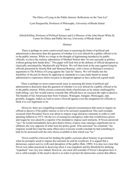 The Ethics of Lying in the Public Interest: Reflections on the "Just Lie" Lynn Pasquerella, Professor of Philosophy, U