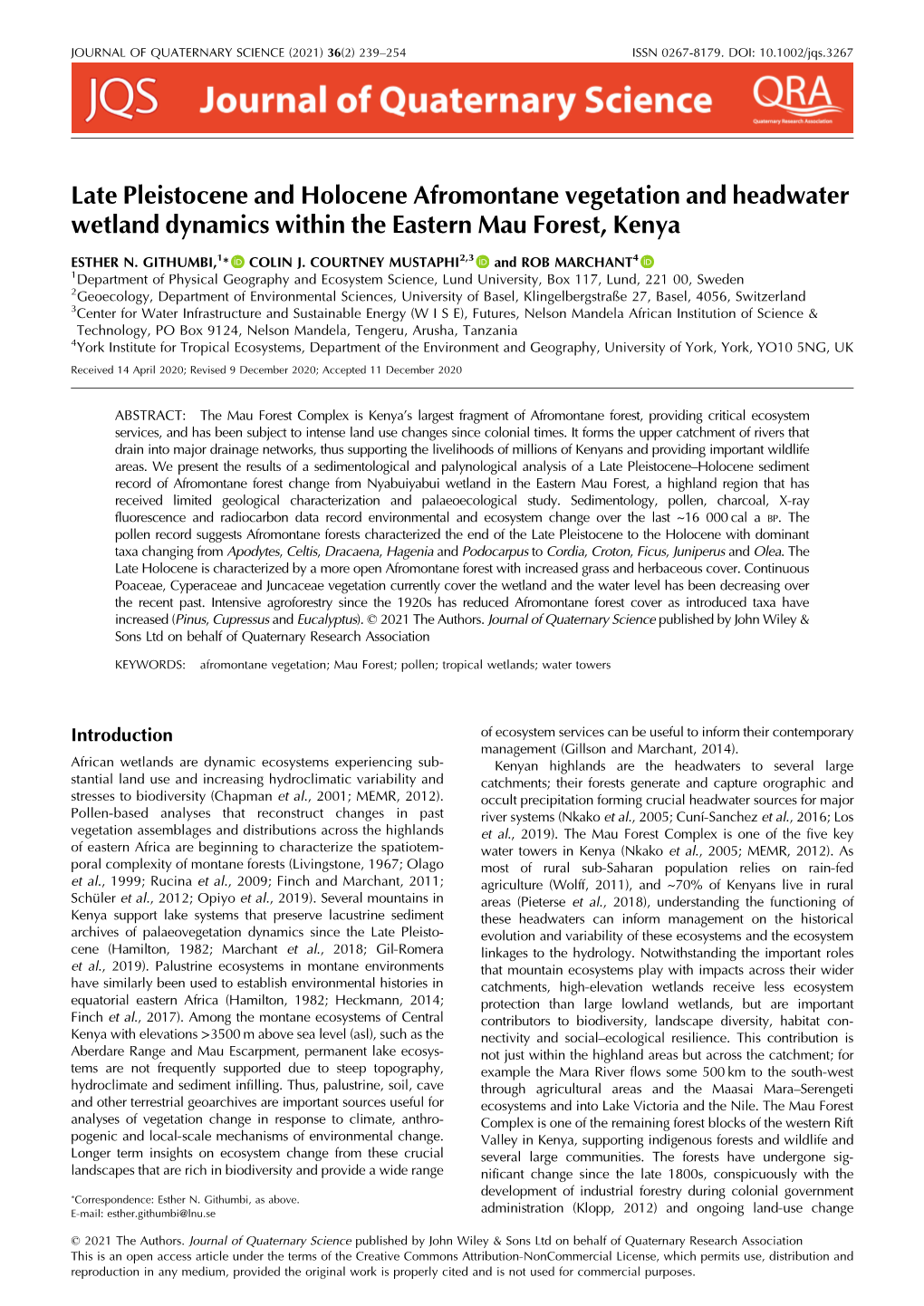 Late Pleistocene and Holocene Afromontane Vegetation and Headwater Wetland Dynamics Within the Eastern Mau Forest, Kenya