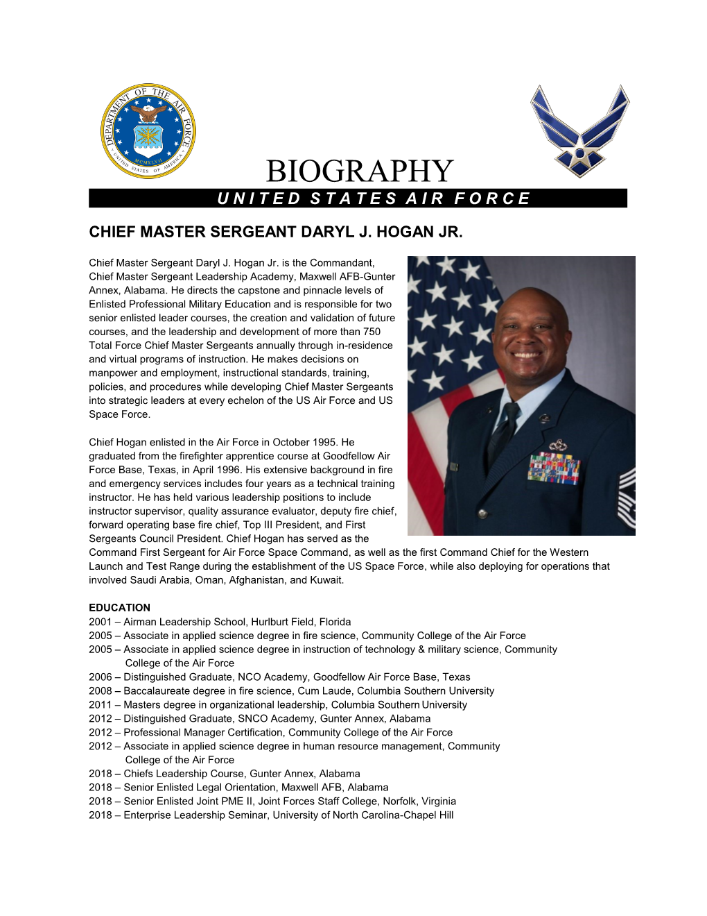 Cmsgt Daryl Hogan Biography (Jan 2021).Pdf - DocsLib