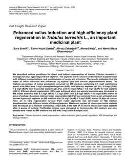 Enhanced Callus Induction and High-Efficiency Plant Regeneration in Tribulus Terrestris L., an Important Medicinal Plant