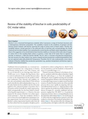 Review of the Stability of Biochar in Soils: Predictability of O:C Molar Ratios