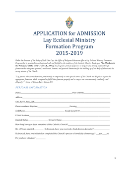 APPLICATION for ADMISSION Lay Ecclesial Ministry Formation Program