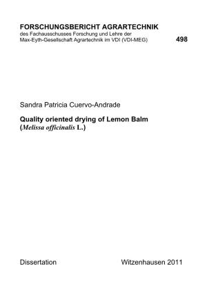 Quality Oriented Drying of Lemon Balm (Melissa Officinalis L.)