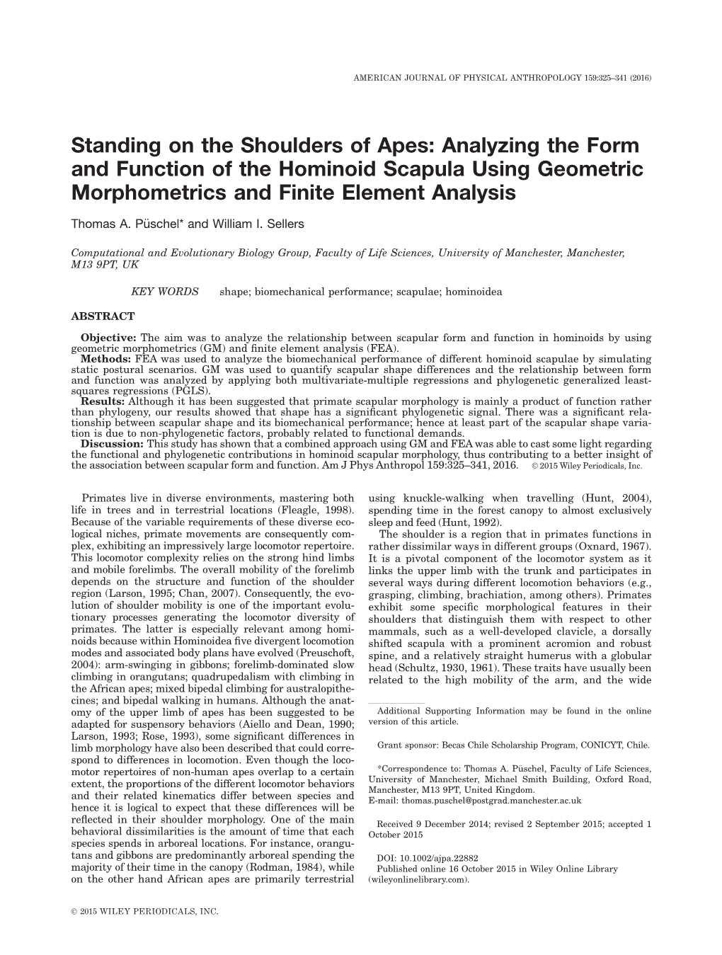 Analyzing the Form and Function of the Hominoid Scapula Using Geometric Morphometrics and Finite Element Analysis