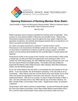 Opening Statement of Ranking Member Brian Babin