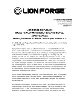 LION FORGE to PUBLISH HAZEL NEWLEVANT’S DEBUT GRAPHIC NOVEL, NO IVY LEAGUE Recent Ignatz Winner to Release Debut Graphic Novel in 2018