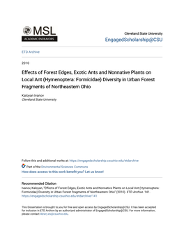 Effects of Forest Edges, Exotic Ants and Nonnative Plants on Local Ant (Hymenoptera: Formicidae) Diversity in Urban Forest Fragments of Northeastern Ohio