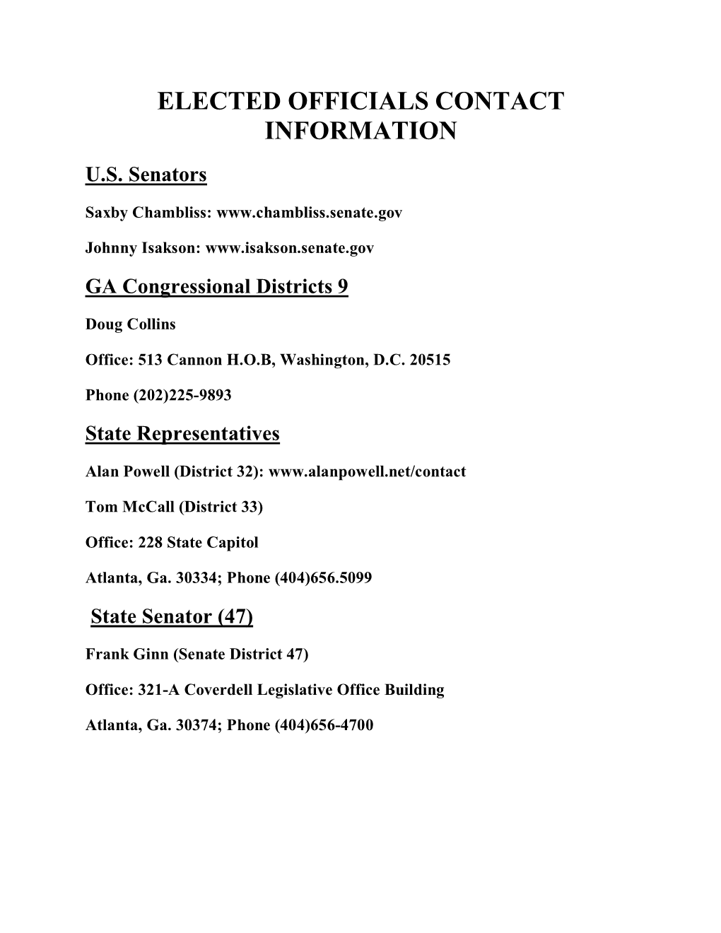 Elected Officials Contact Information U.S