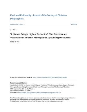 "A Human Being's Highest Perfection": the Grammar and Vocabulary of Virtue in Kierkegaard's Upbuilding Discourses