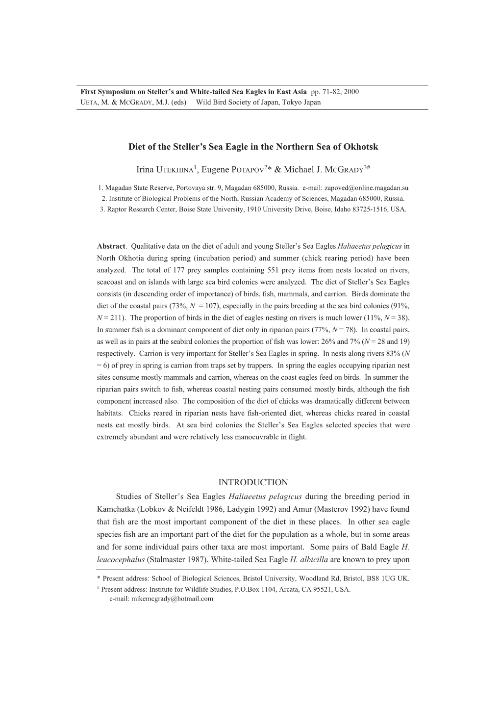 Diet of the Steller's Sea Eagle in the Northern Sea of Okhotsk