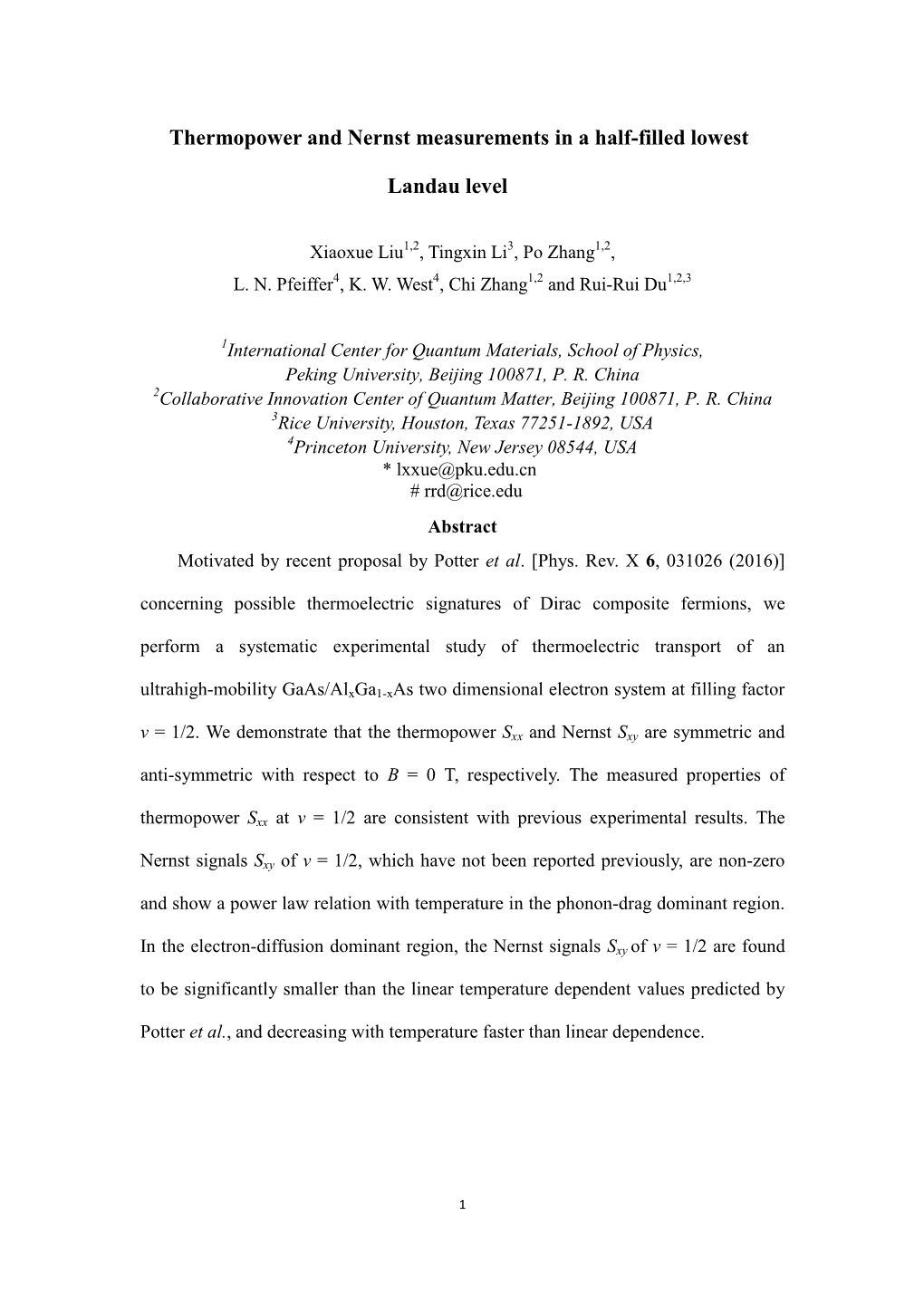 Thermopower and Nernst Measurements in a Half-Filled Lowest