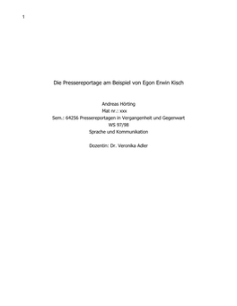 Die Pressereportage Am Beispiel Von Egon Erwin Kisch