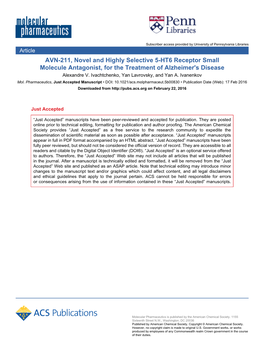 AVN-211, Novel and Highly Selective 5-HT6 Receptor Small Molecule Antagonist, for the Treatment of Alzheimer's Disease Alexandre V
