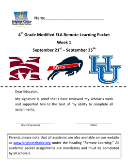 4 Grade Modified ELA Remote Learning Packet Week 1