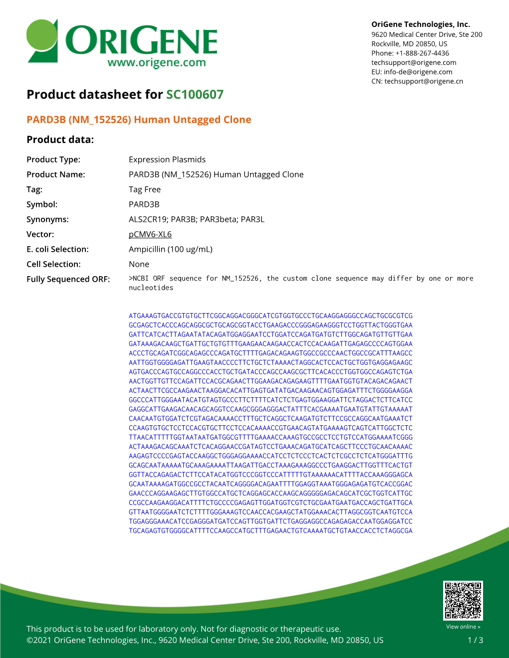 PARD3B (NM 152526) Human Untagged Clone Product Data