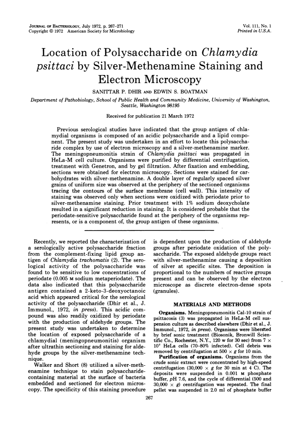 Location of Polysaccharide on Chlamydia Psittaci by Silver-Methenamine Staining and Electron Microscopy SANITTAR P