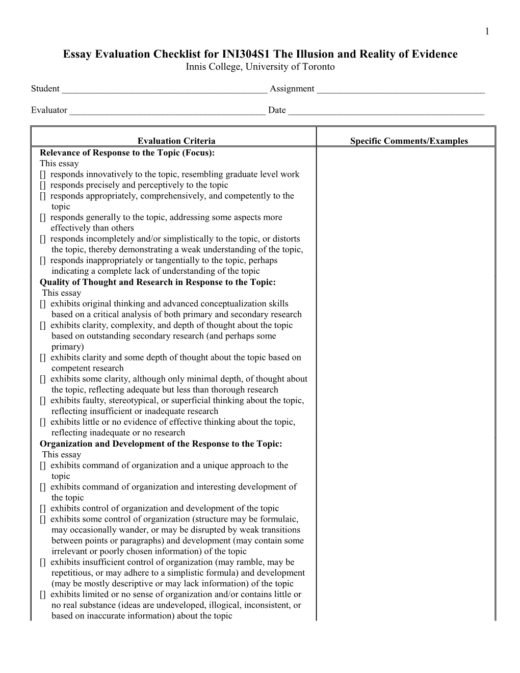 Essay Evaluation Checklist for INI304S1 the Illusion and Reality of Evidence
