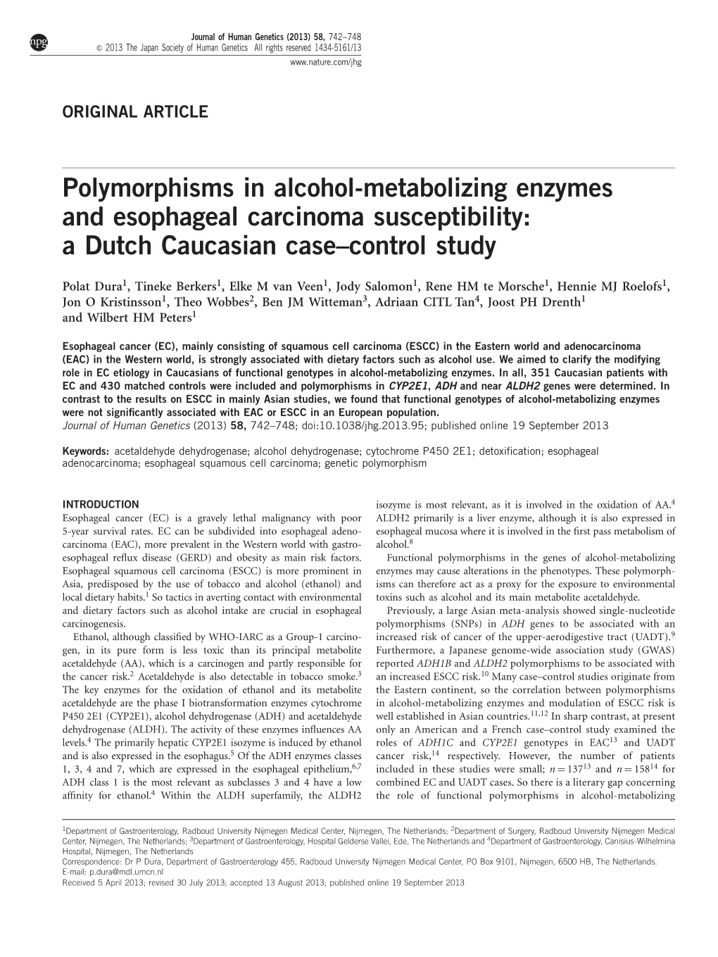 Polymorphisms in Alcohol-Metabolizing Enzymes and Esophageal Carcinoma Susceptibility: a Dutch Caucasian Case–Control Study