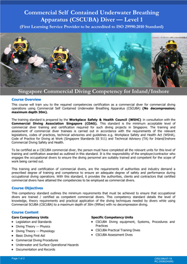 Commercial Self Contained Underwater Breathing Apparatus (CSCUBA) Diver — Level 1 (First Learning Service Provider to Be Accredited to ISO 29990:2010 Standard)