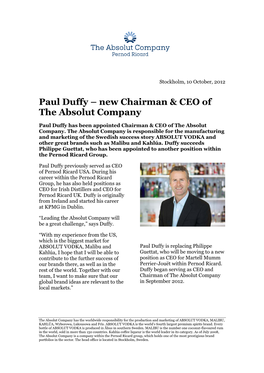 Paul Duffy – New Chairman & CEO of the Absolut Company