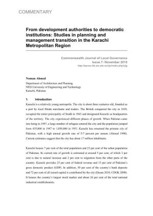 Studies in Planning and Management Transition in the Karachi Metropolitan Region