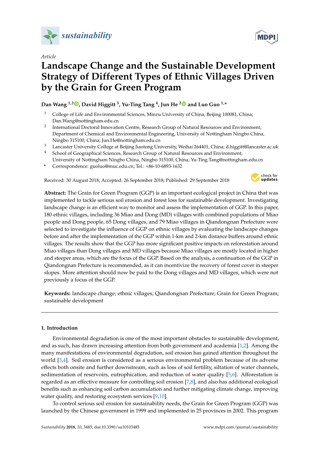 Landscape Change and the Sustainable Development Strategy of Different Types of Ethnic Villages Driven by the Grain for Green Program