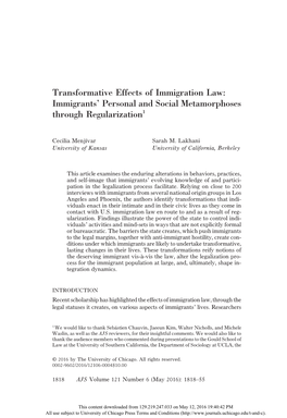 Transformative Effects of Immigration Law: Immigrants’ Personal and Social Metamorphoses Through Regularization1
