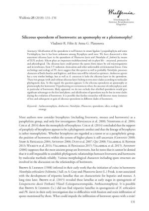 Siliceous Sporoderm of Hornworts: an Apomorphy Or a Plesiomorphy? Vladimir R
