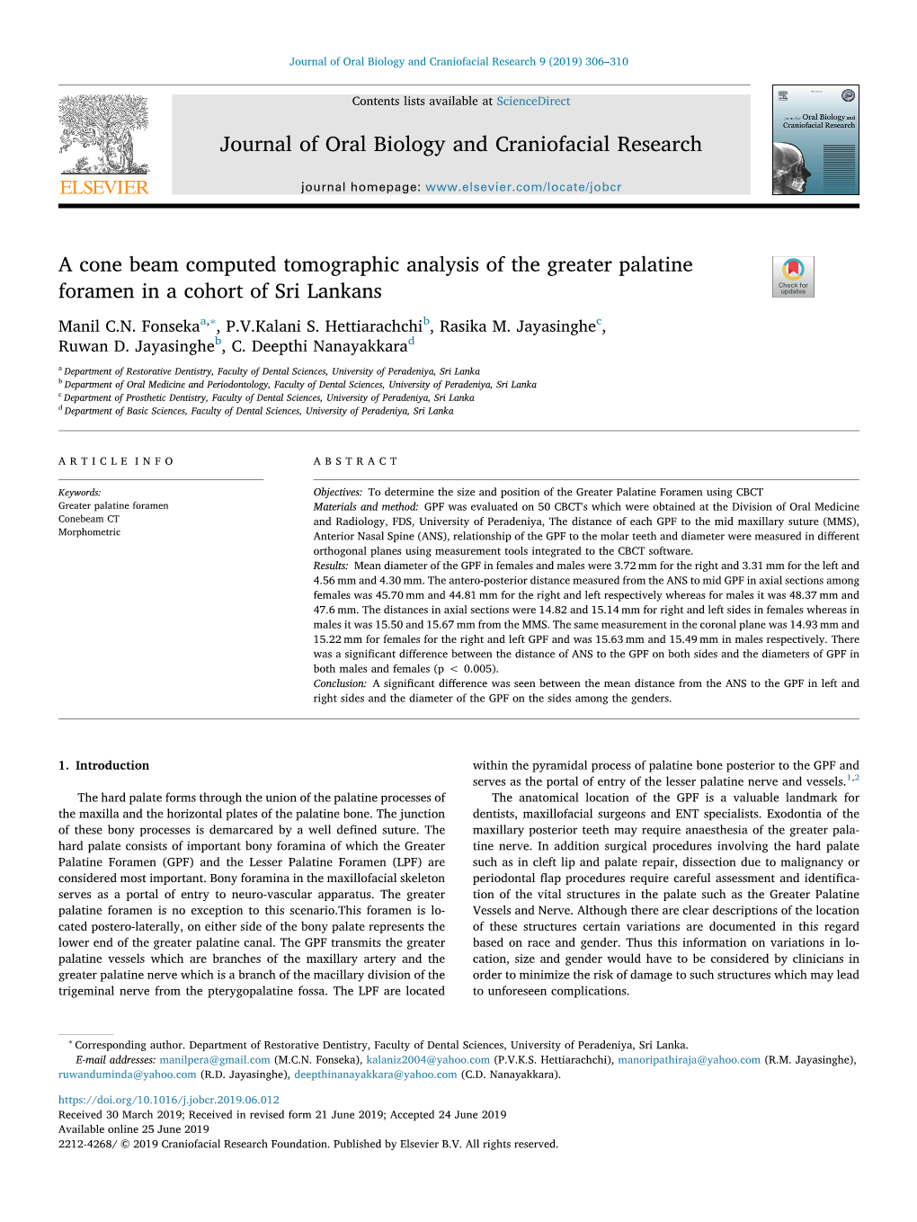 A Cone Beam Computed Tomographic Analysis of the Greater Palatine Foramen in a Cohort of Sri Lankans T